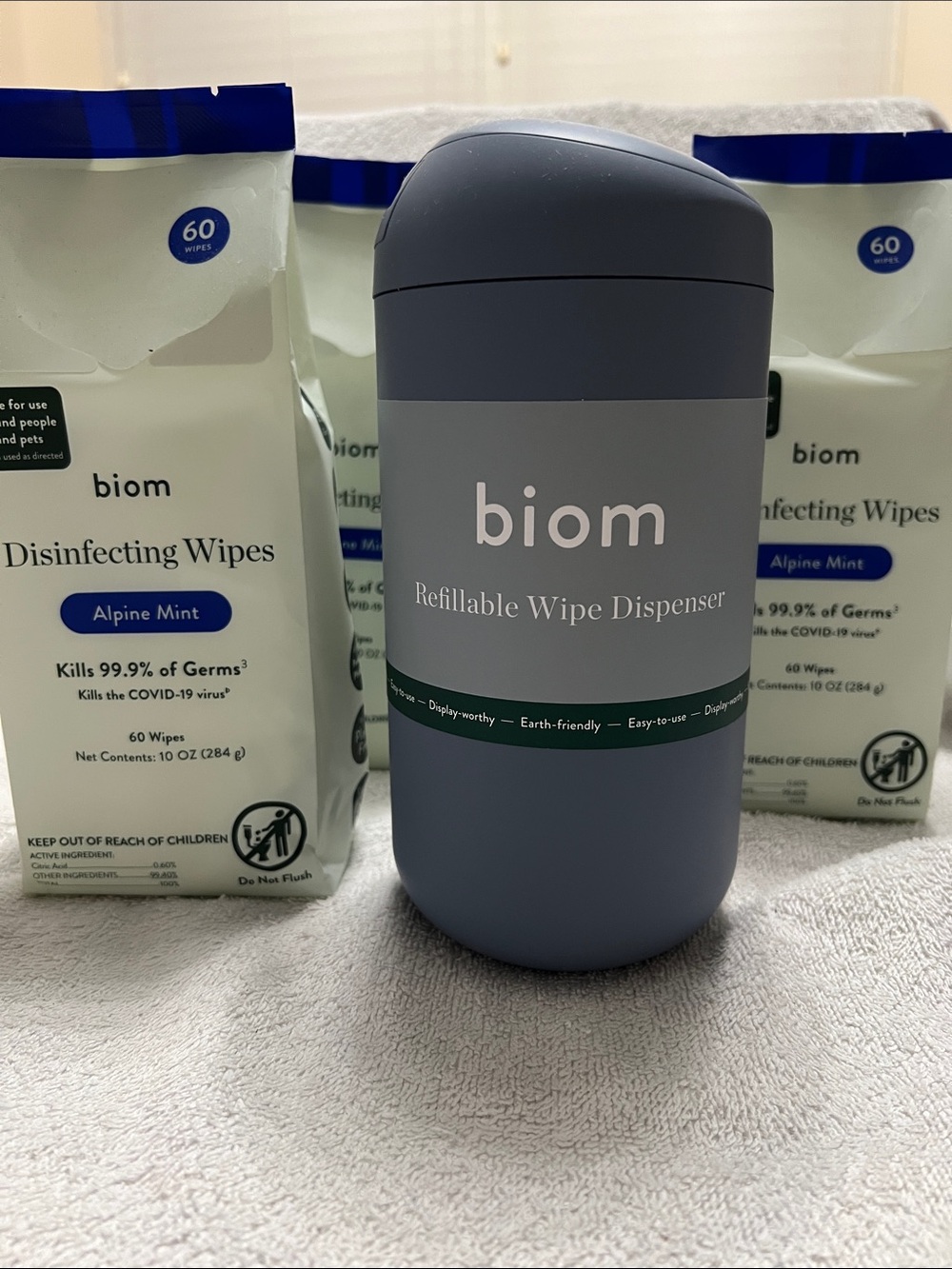 Biom Refillable Dispenser + 3 60 ct Alpine Mint Disinfecting Wipes